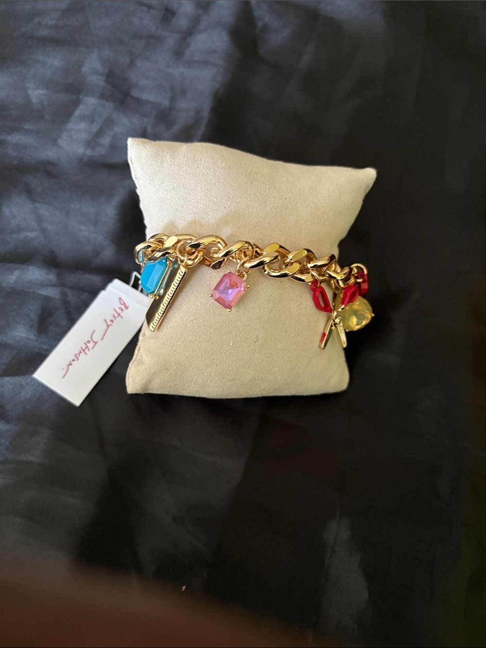 Betsey Johnson Gold Chain Charm Bracelet with Pink, Blue, Yellow & Red Accents - Picture 2 of 5